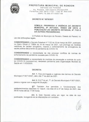 NOVO DECRETO MUNICIPAL Nº 5578/2021