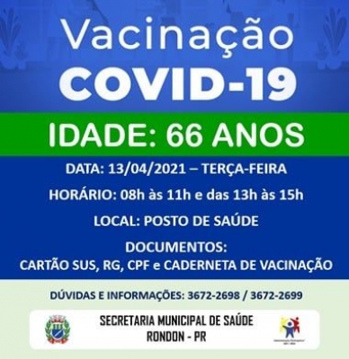 ATENÇÃO: VACINAÇÃO COVID-19 -  IDADE 66 ANOS