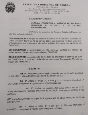 NOVO DECRETO MUNICIPAL N° 5598/2021