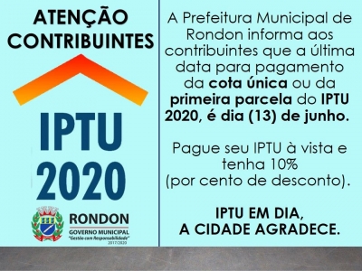 Prazo para pagamento da cota única ou 1ª parcela do IPTU 2020, é dia 13 de junho