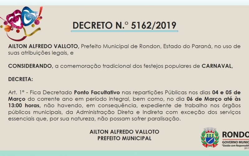 Município de Rondon Decreta Ponto Facultativo para o Carnaval