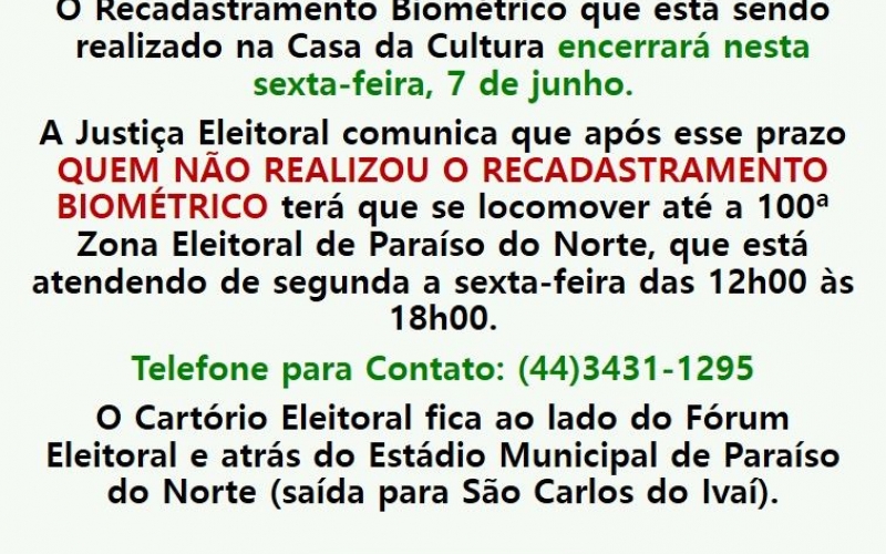 O Recadastramento Biométrico na Casa da Cultura Encerrará Nesta 6ª Feira